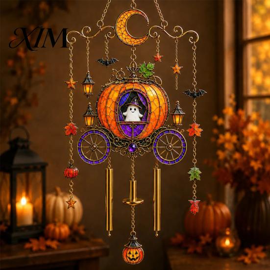 Bat Moon Themed Decor Halloween Stained Glass Style Wind Chime, Acrylic Suncatcher Hanging Ornament with Ghost Black Cat Raven Witch Festive