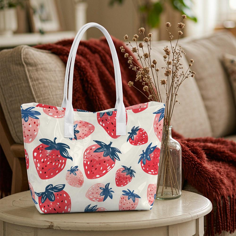 Cute Strawberry Printed Tote Bag Large Capacity Casual Fashion Daily Shoulder Bag for Women Outdoor Travel Shopping Use
