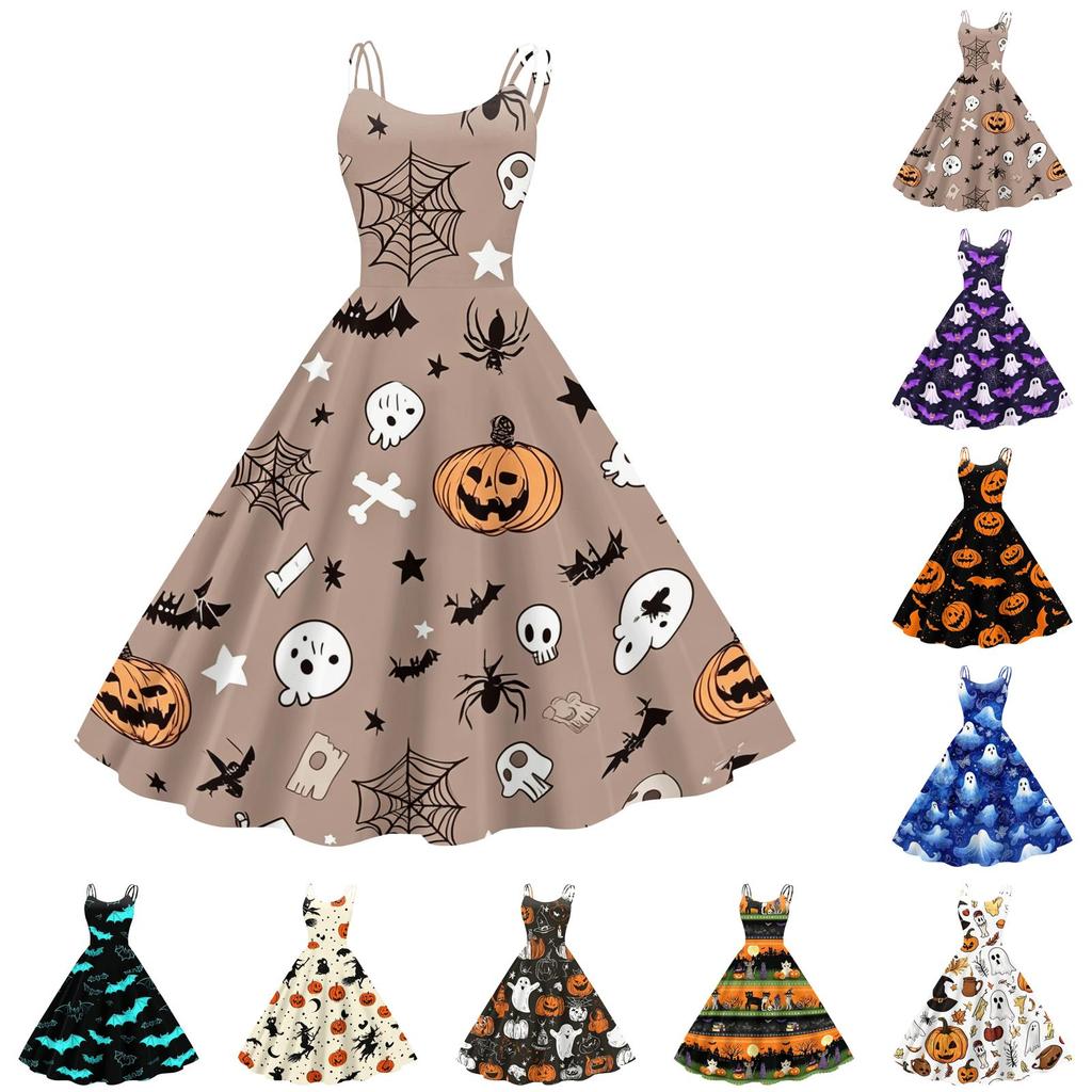 Women's Halloween Print Off Shoulder Dress Vintage Punk Style Sleeveless Spaghetti Strap Swing Dress with Flared Skirt for Party