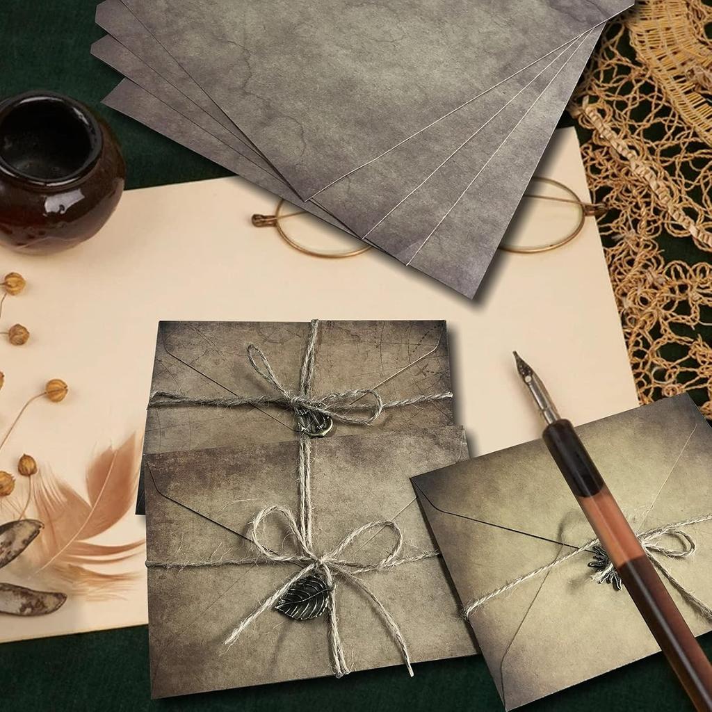 Vintage Stationary Paper and Envelopes Set - 24 Sheets Vintage Letter Papers, 12 Envelopes, 12 Retro Pendant, 12 Rope, Aged Stationery Letter Writing
