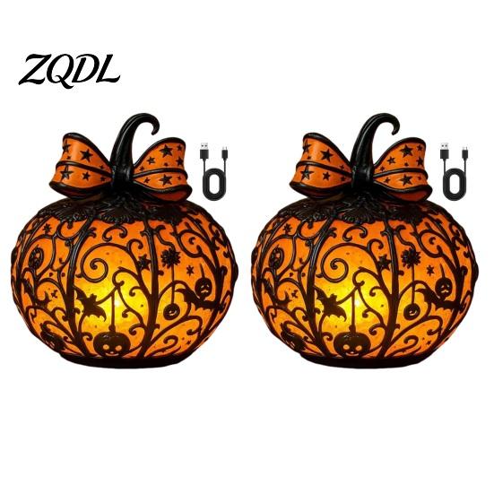 Halloween Themed Light 1/2Pcs Bow Pumpkin Light, Stained Glass Desk Lamp, Warm Night Spooky Jack-O-Lantern Nigh Decoration for Home Office