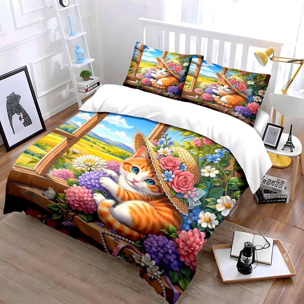 Orange Cat with Floral Hat Bedding Duvet Cover Set (1*Duvet Cover 2*Pillowcases, without duvet insert)
