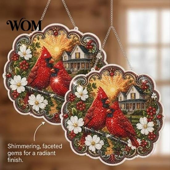 Easy Diamond Painting Set Cardinals & Sunrise DIY Craft Kit, Acrylic Diamonds Hanging Decoration with Kit Pre-Printed Pattern Colorful Beads Pink Pen