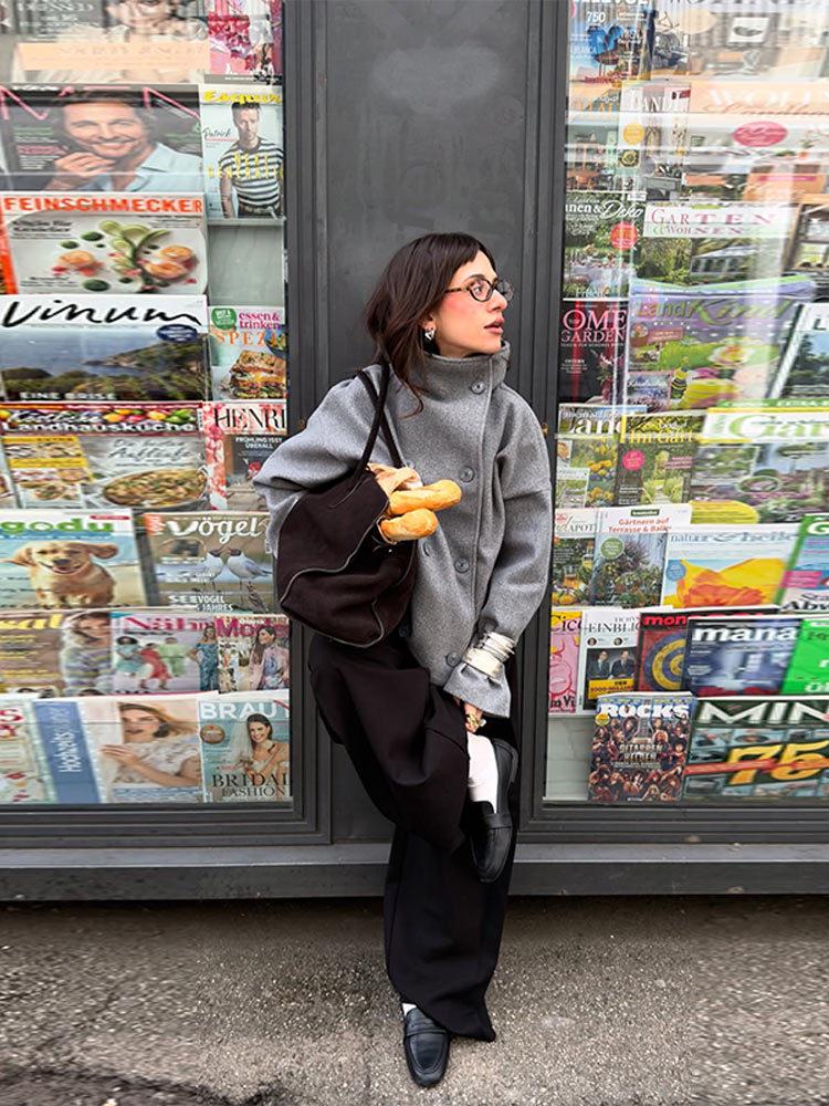 Однотонное двубортное короткое пальто с воротником-стойкой 2025 года - с длинным рукавом, Осень/Зима