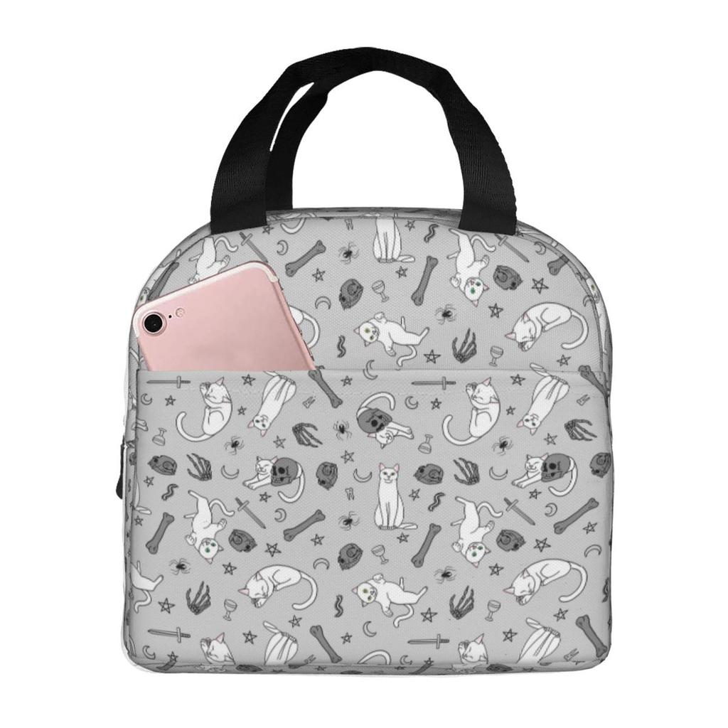 Cat Heads Witch Element And Skeleton Insulated Lunch Bag for Office Cooler Thermal Food Box Tote Portable Lunch Boxes Container
