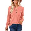 Spring Autumn Solid Color Top for Women V-neck Button Loose Long Sleeve T-shirt
