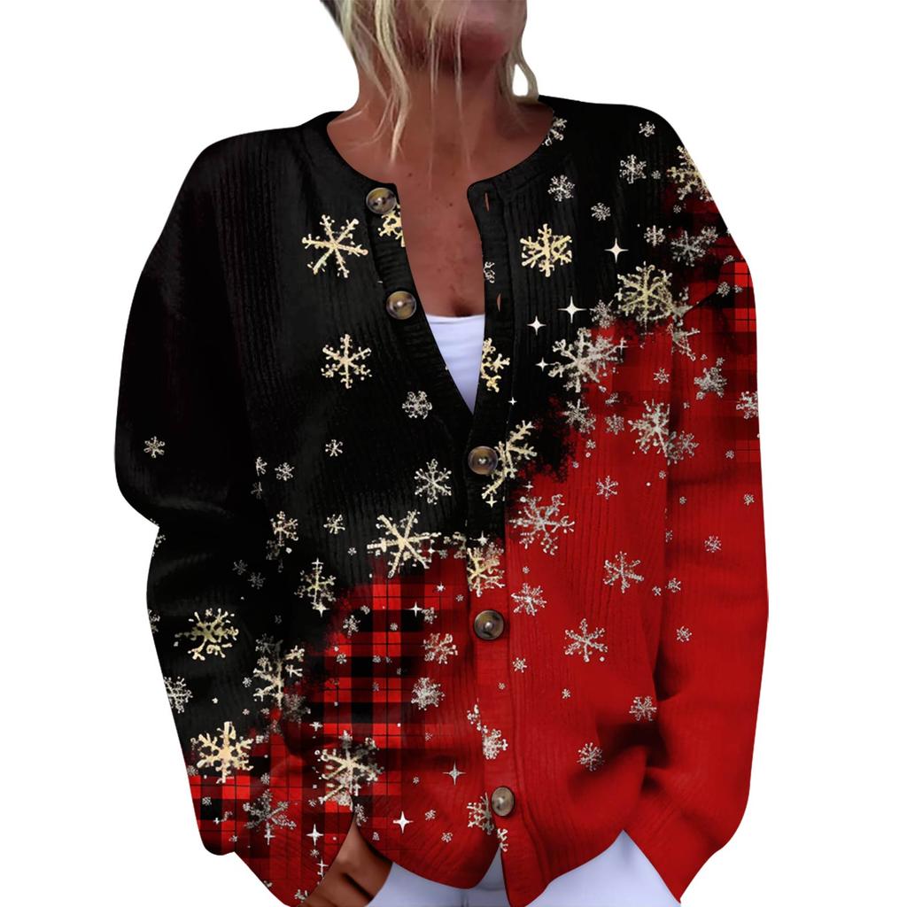 Women's Fashion Christmas Printed Long Sleeve Knitted Cardigan Button Down Jacket