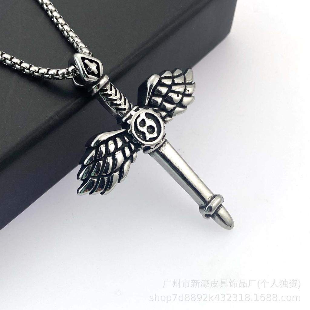 Titanium Steel Pendant Vintage Angel Sword Wings Sword Wings Weapon Letter Necklace