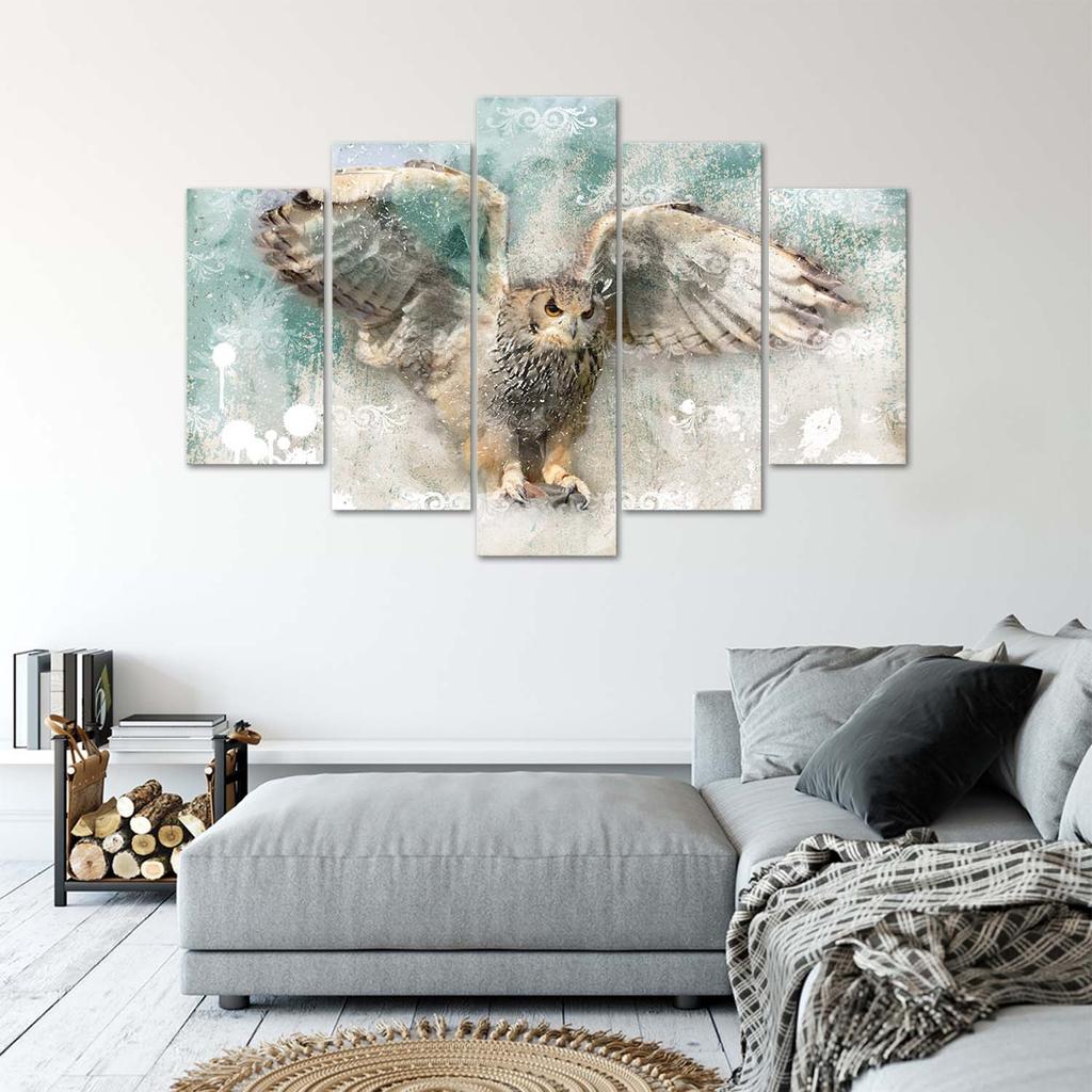 Feeby Five piece picture canvas print, Owl in flight