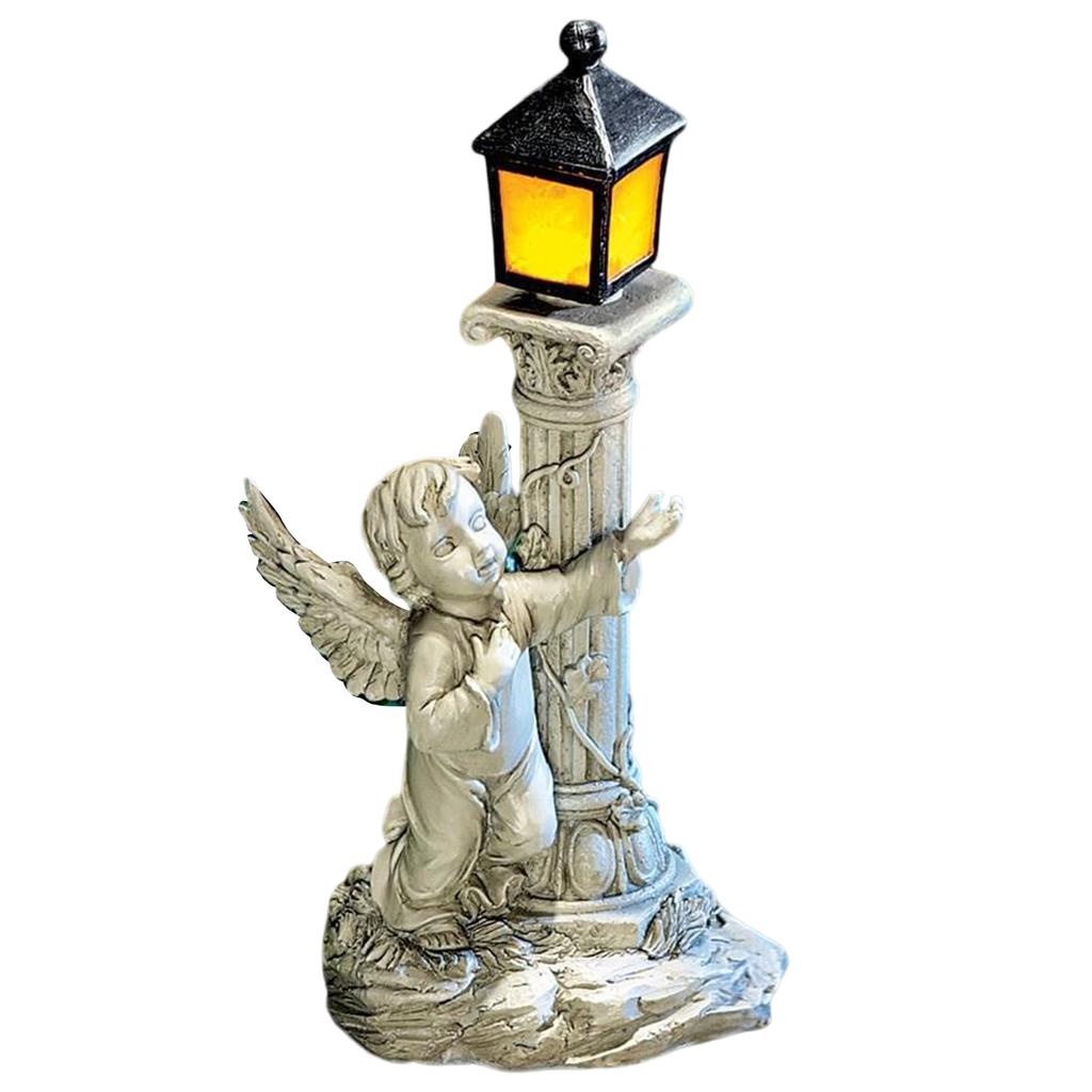 Resin Roman Colum Angel Statue with Solar Lights Ornament Outdoor Garden Waterproof Figurine Solar Glowing Lamp Decors