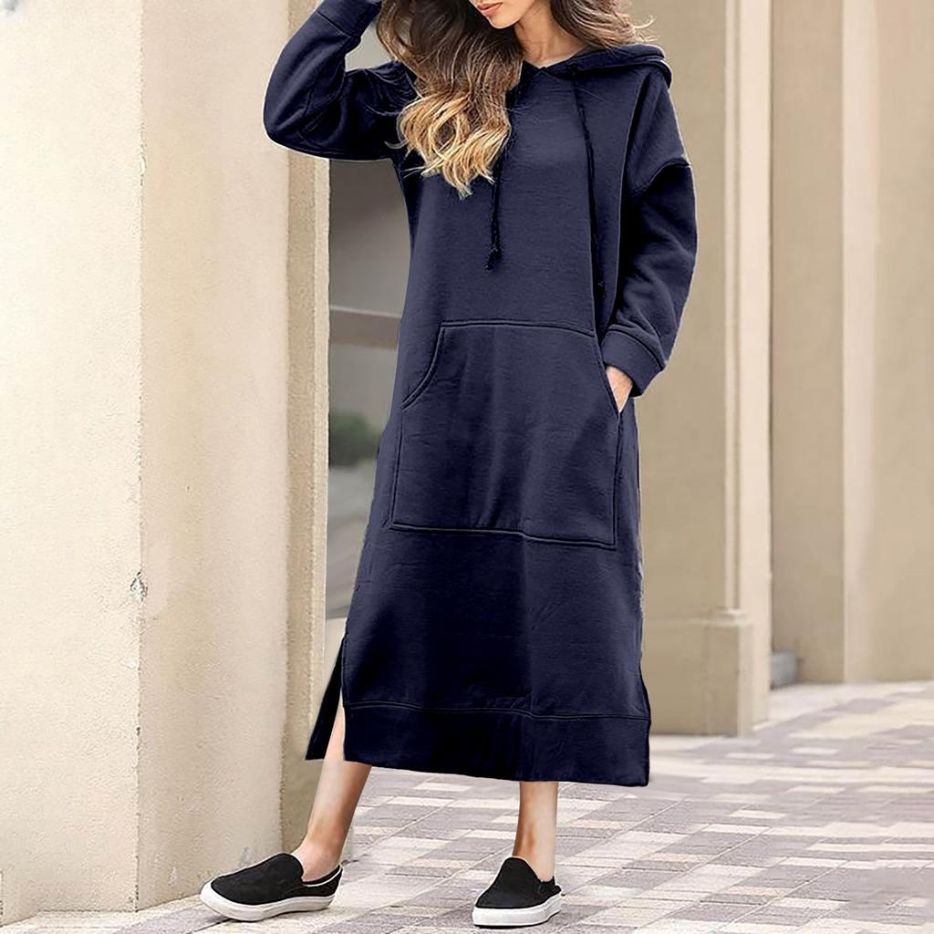 Women's Casual Solid Color Long Sleeve Hoodie Long Dress