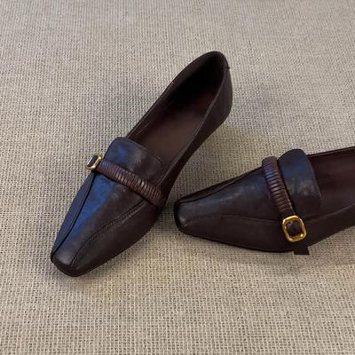 Версия из овчины~ Лоферы с квадратным носком, на толстом каблуке, женские, черные, универсальные, для работы, с мягкой подошвой, одинарные, с одним ремешком