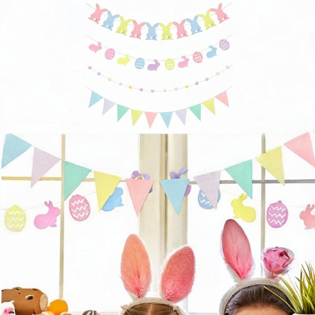 4x Easter Banners Decorations Hanging Garlands Backdrop Bunny Sign Bunting for Farmhouse Fireplace