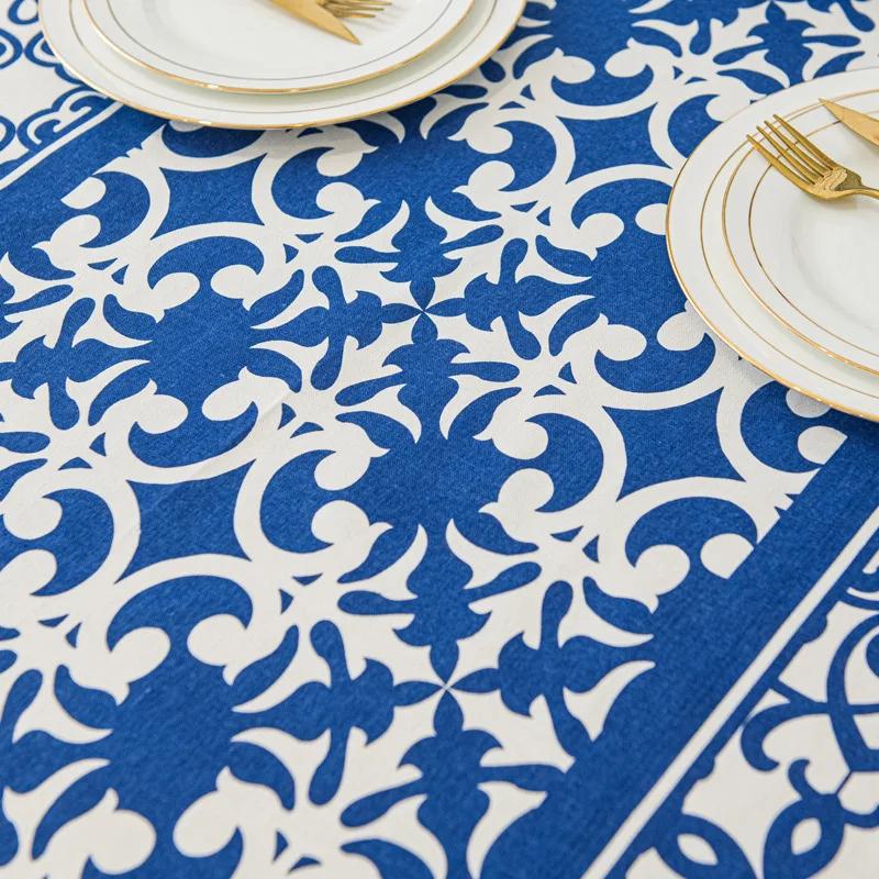 Blue and White Porcelain Patterned Rectangular Tablecloth Chinese Style Floral Table Cover Cotton Dustproof Tabletop Cover