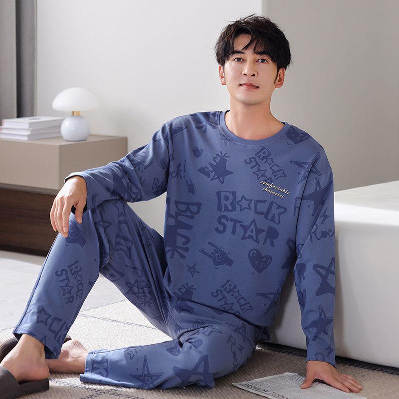 Pajamas Men'S Spring And Autumn Cotton Long Sleeve Crew Neck Casual Blue Autumn Loungewear Large Size Set