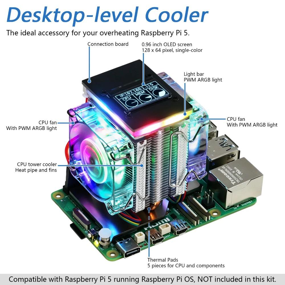 Активный радиатор Freenove для Raspberry Pi 5, 1/2 ШИМ-вентилятора, Синхронизация ARGB-подсветки, OLED-экран, Множество режимов охлаждающей подсветки