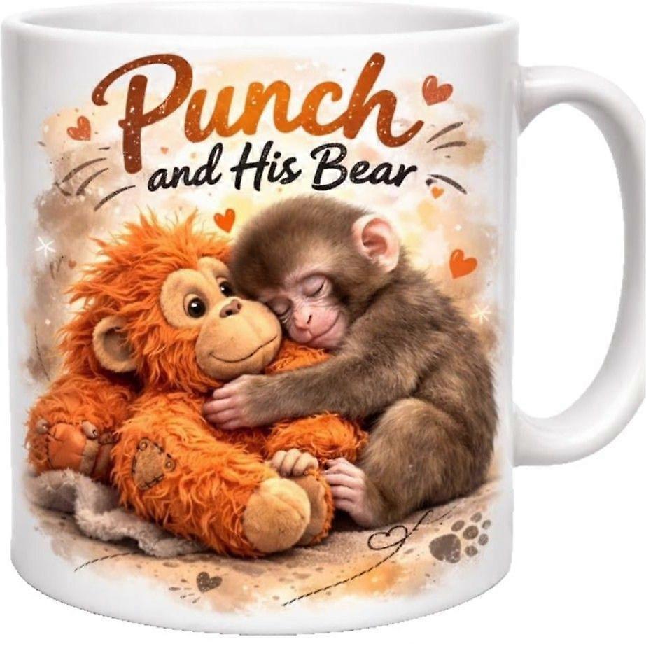 Punch and His Bear Mug, Cute Monkey with Orangutan Teddy Design, 11oz Ceramic Coffee Cup, Animal Lover Gift