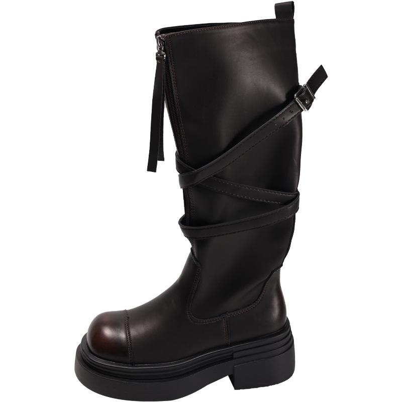 Black Retro British Style Thick Heel Platform Boots Women's 2025 New Spring and Autumn Season Height Increase and Thin Knight Boots