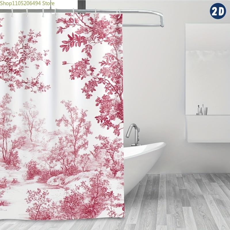 1 шт. Французская шторка для душа Toile De Jouy с вишневым цветением - Розовый цветочный узор с клетчатыми крючками, Прочный, поддающийся машинной стирке, Комплект