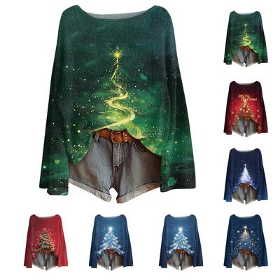 Женский модный повседневный трикотажный свитер с длинным рукавом и рождественским принтом, круглый вырез