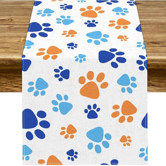 Paw Print Table Runner Dog Themed Birthday Party Decoration Puppy Pet Kitchen Dining Room Home Decor (Blue, 13" x 72")