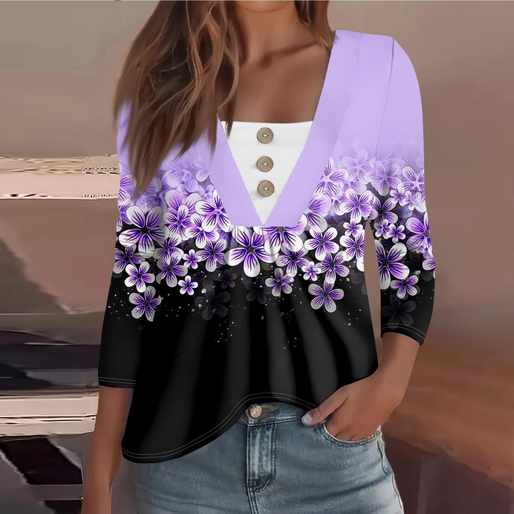 Women's Fashion Casual Long Sleeve Shirt Floral Printed Button V Neck Up Tops