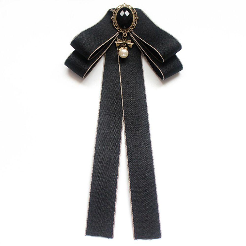 Girls Gorgeous Costume Pearl Tassel Ribbon Bow Tie Collar Pin Cravat Brooch