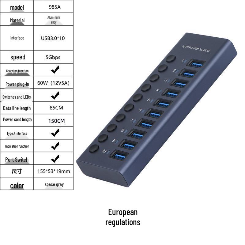 10-портовый USB 3.0 концентратор с независимыми переключателями и док-станция с высоким током