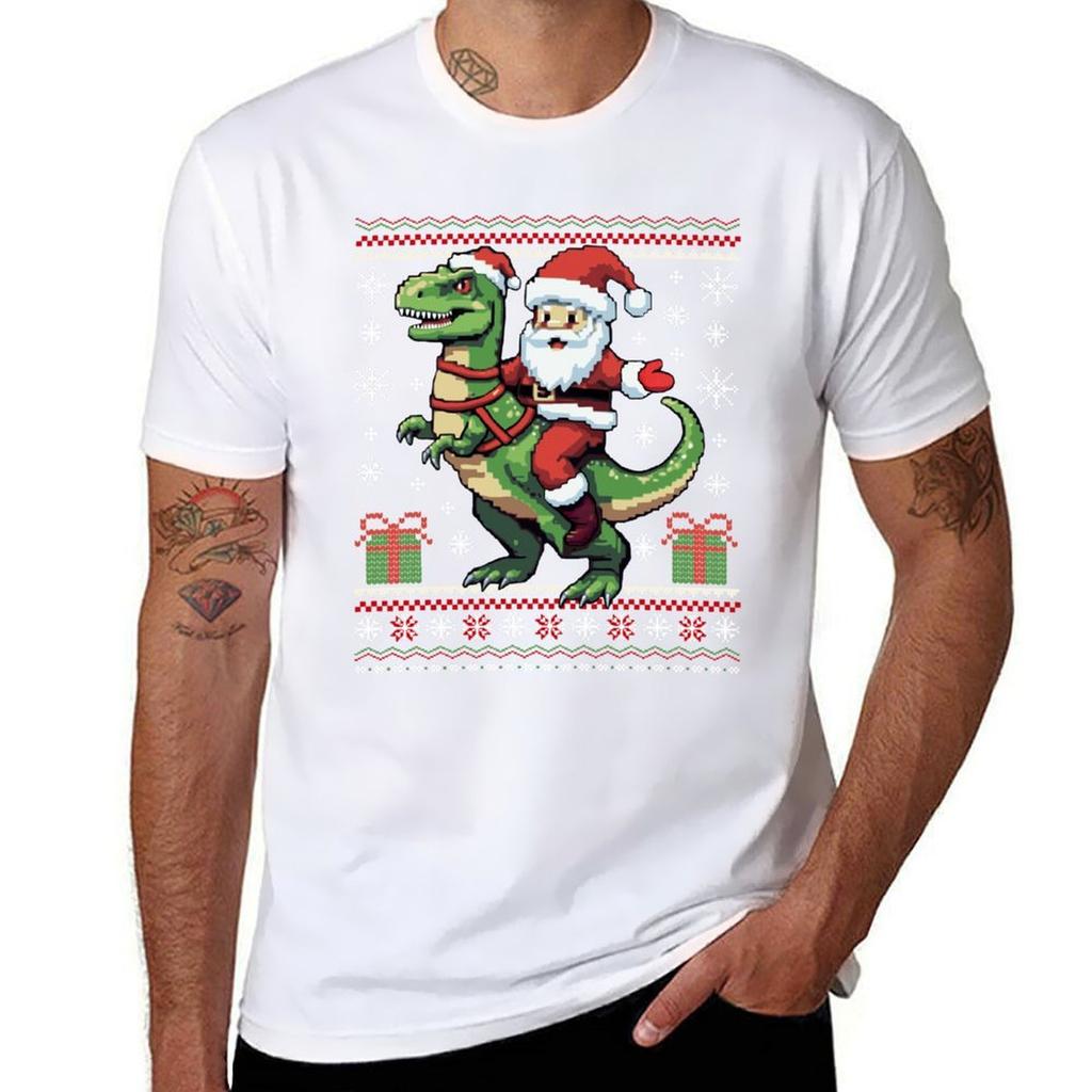 Santa Riding T Rex Dinosaur Funny Ugly Christmas Sweater Family Matching Tshirt Essential Solid Color Tshirt