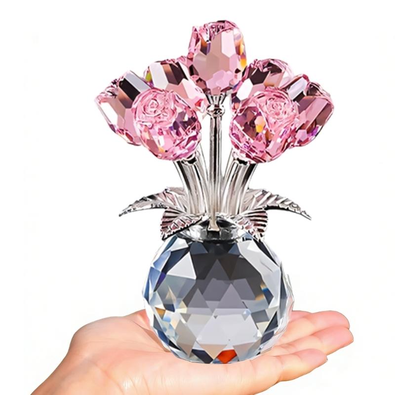 Crystal Rose Figurines Ornament,Crystal Bouquet Ornament Collectibles Handmade Rose Flower Gift for Wife Mom Girlfriend