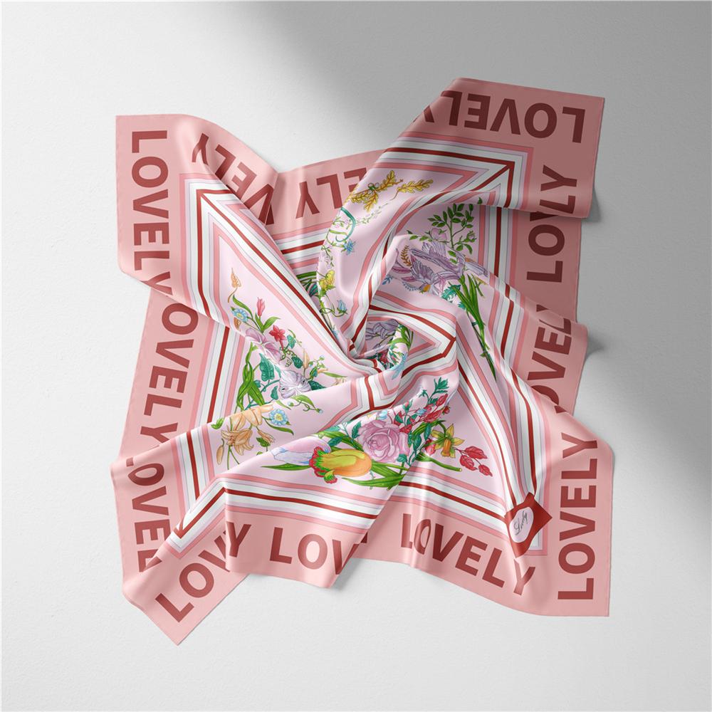 Twill Silk Scarf Woman Floral Painting Square Scarves Wraps Bandana Small Hijab Silk Foulards Tie Headband Neckerchief 53CM