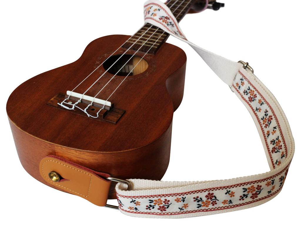 Оригинальная винтажная цветочная вышивка и натуральная кожаная укулеле. Плечевой ремень для укулеле поставляется с ремнем из натуральной кожи с дизайном [MUSIC FIRST],
