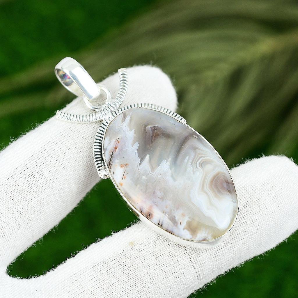 925 Sterling Silver Natural Mexican Laguna Lace Agate Engagement Pendant Jewelry