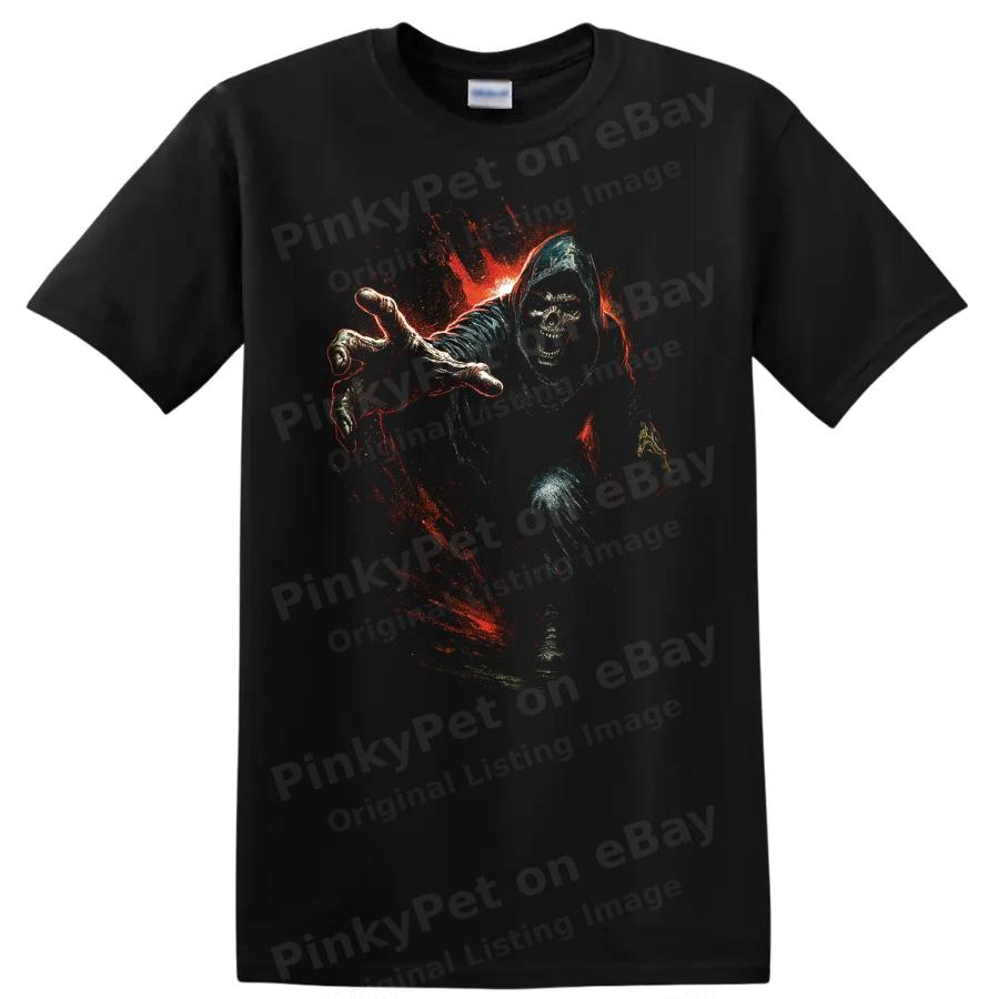 Skull Reaper T Shirt w/ Red Splatter Gothic Horror Halloween Graphic Art Tee