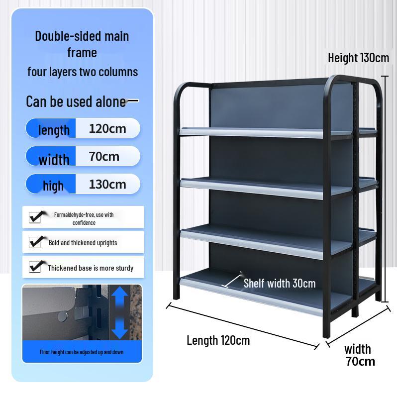 Four-Post Gray Display Rack for Convenience, Stationery, and Mother & Baby Stores, Multi-Layer Single/Double-Sided Snack Shelving.