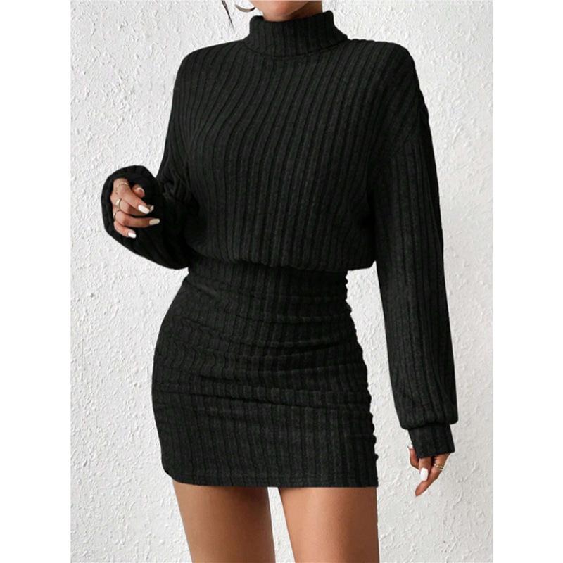 Женское мини-платье-свитер с высоким воротником, длинным рукавом, в рубчик, облегающее, повседневное