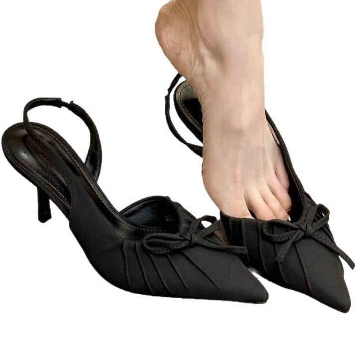 Весной и летом популярный темперамент остроконечные высокие каблуки морщинистые пустые сандалии женские нежные банты фея высокие каблуки