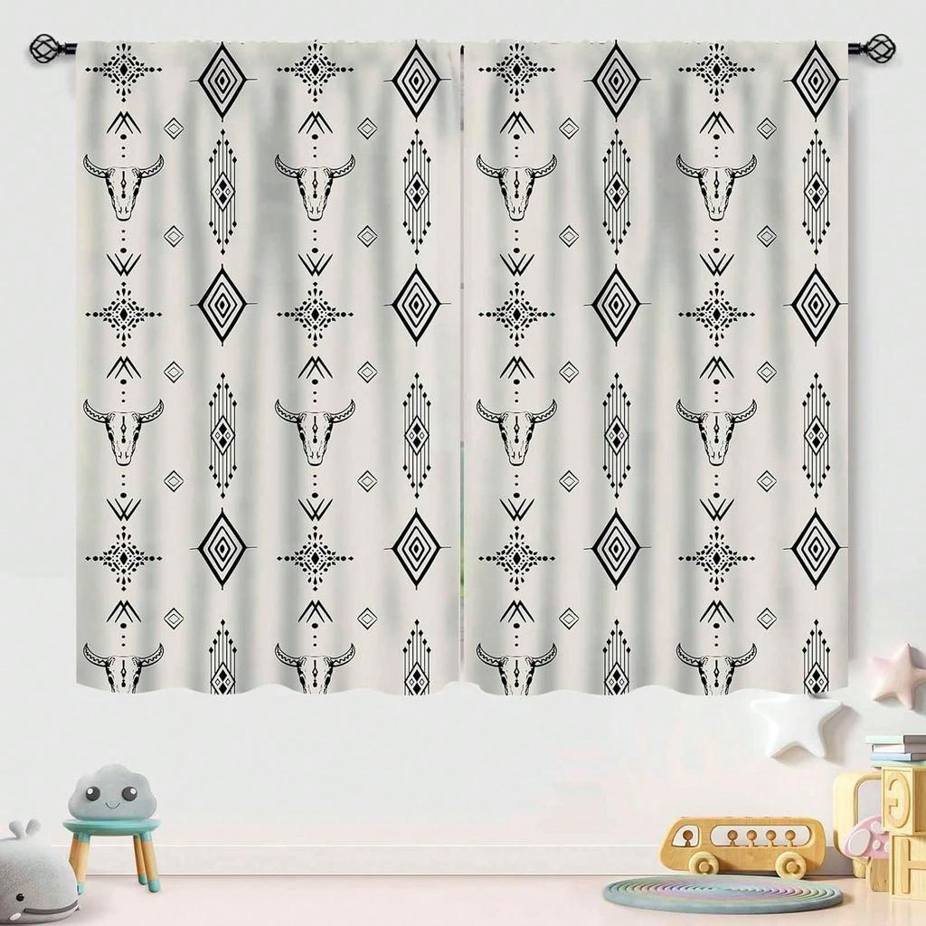 Print Window Curtain  Rustic Retro Bull Skull Native  Boho Design  Pattern Window Treatments For Bedroom Living Room Kitchen