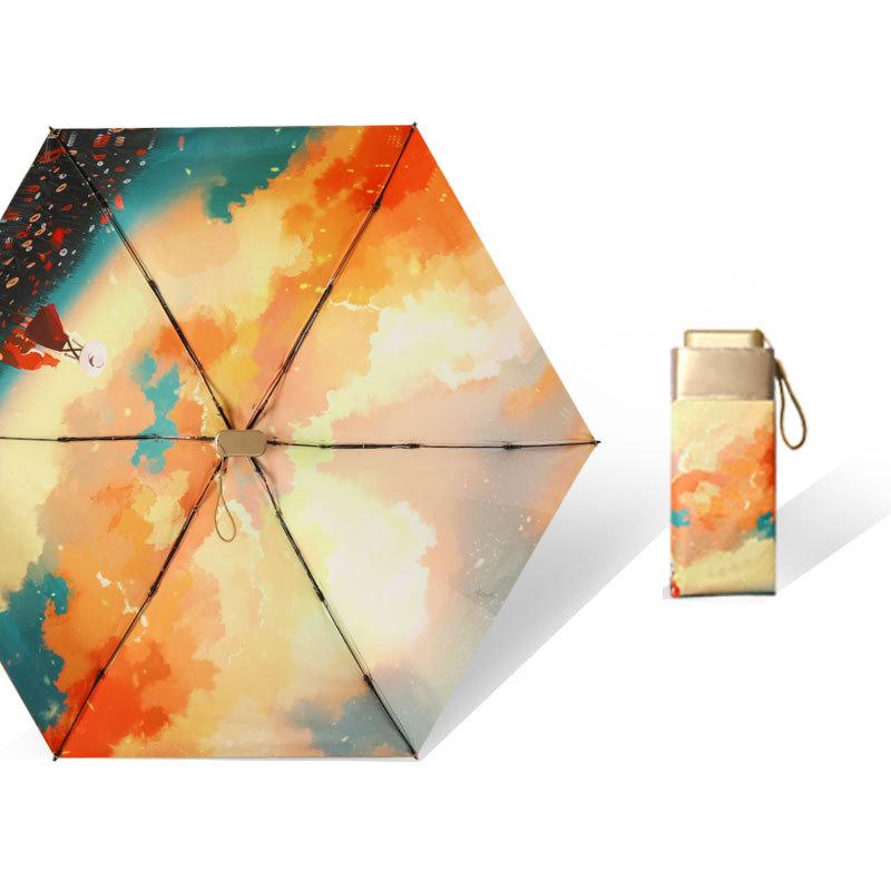 Small Fresh Portable Rain And Sun Anti-UV Umbrella Lady Chic Oil Painting Parasol Sunscreen Protection Mini Five-fold Umbrella