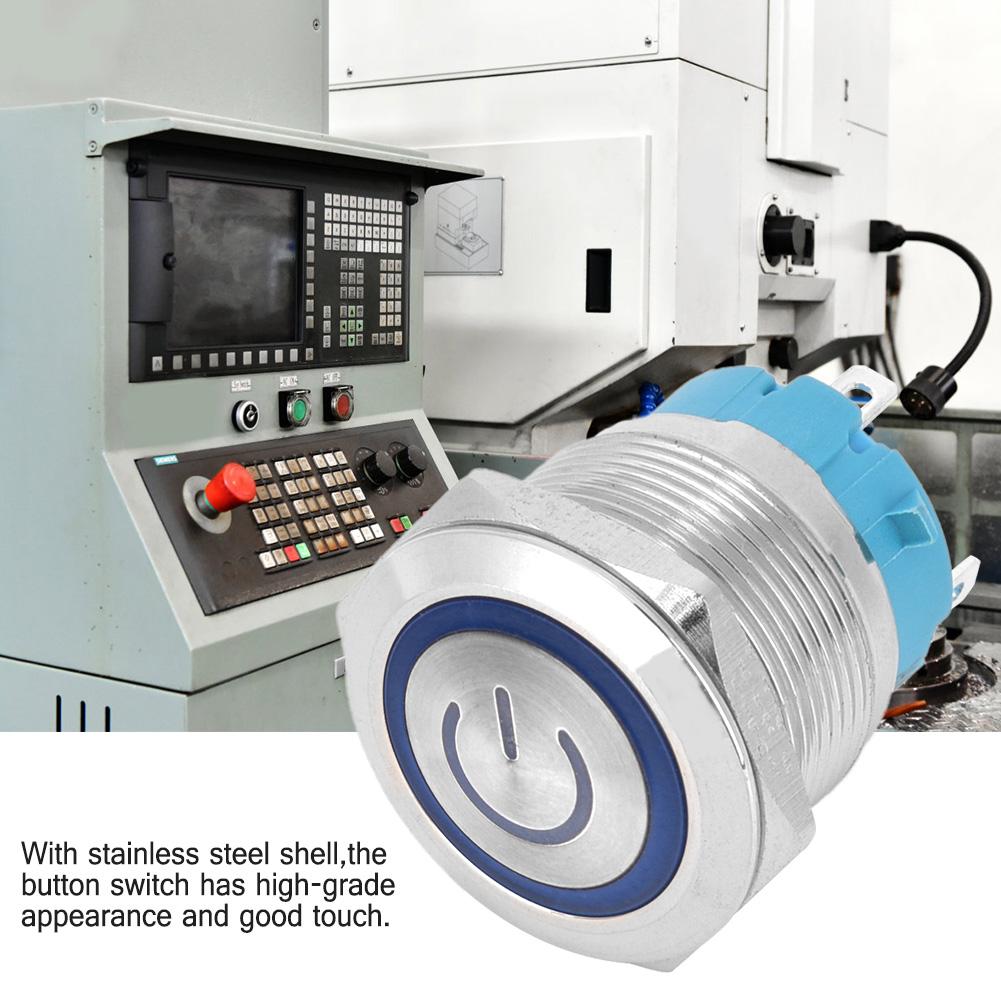 2 Pcs Button Switch Flat Head Self Reset IP65 220VAC 22mm 4 Pin Switch with Light(Blue )