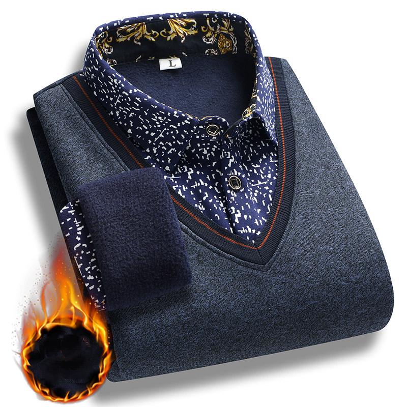 Мужской плюшевый свитер осень-зима, имитация двухсекционного пуловера с воротником-поло, флисовый толстый теплый вязаный свитер, повседневные джемперы