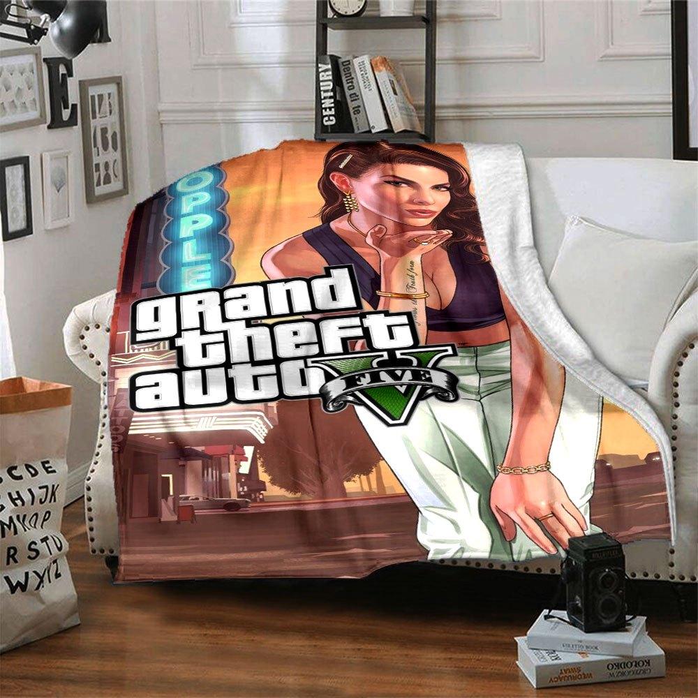 1 шт. Мягкое фланелевое одеяло Grand Theft Auto с дизайнерским принтом. Уютное одеяло для всех сезонов, идеально подходит для дивана, кровати, офиса