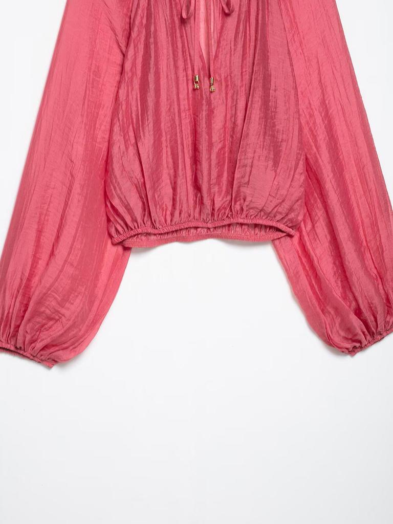 Женский комплект ZA Весна 2025 Европейский и американский стиль Жатый волан Стойка Короткий топ и юбка миди