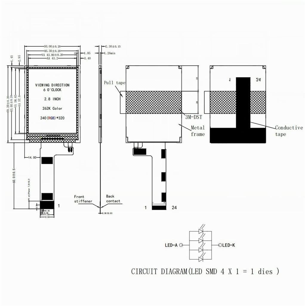 2.8 Inch TN Type TFT LCD Display ST7789T3 Driver IC 240x320 8-Bit Parallel Interface Industrial Screen No Backlight