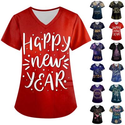 Женская мода 2024, новогодние топы с принтом и короткими рукавами и V-образным вырезом, рабочие футболки с карманами