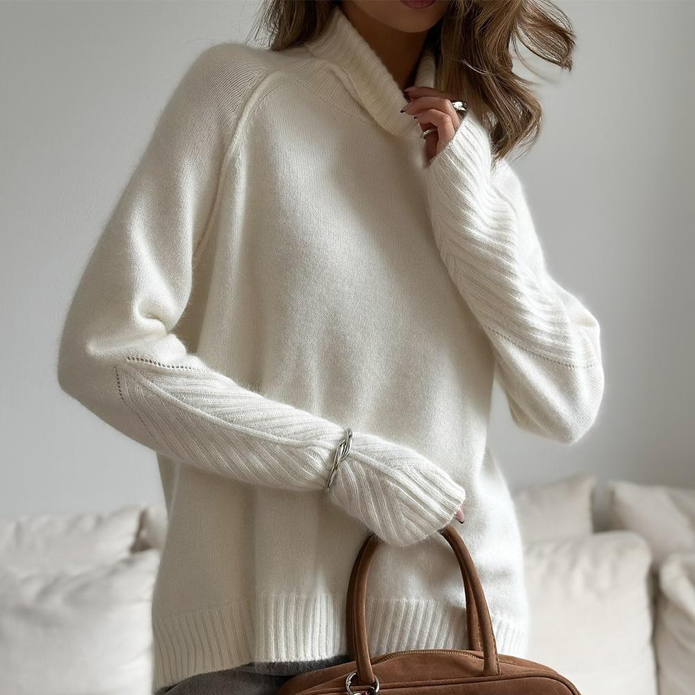 High Neck Pullover Sweater Autumn Winter White Knitwear Loose Casual Knit Sweater for Women Luxurious Relaxed-fit Slimming and Versatile Top