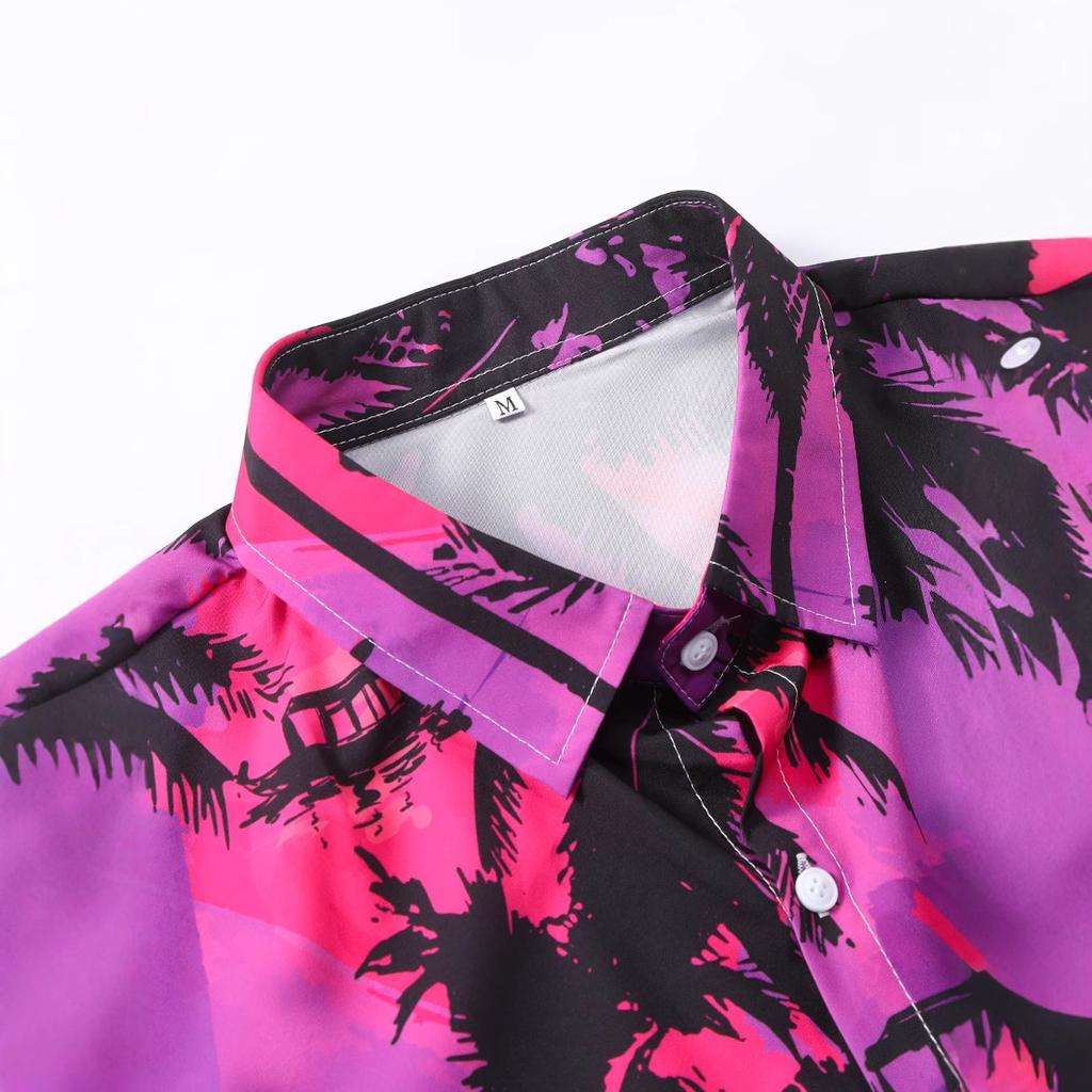 Мужская рубашка с коротким рукавом для мужчин, фиолетовая красная рубашка с изображением кокосовой пальмы, отпуск на Гавайях, лето 2025 г., новое поступление