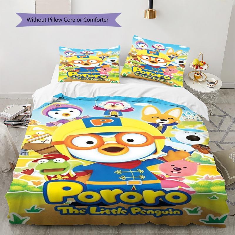 Pororo The Little Penguin Cartoon Character Print 3‑Pieces Duvet Cover Set Anime Bedding Without Pillow Core or Comforter