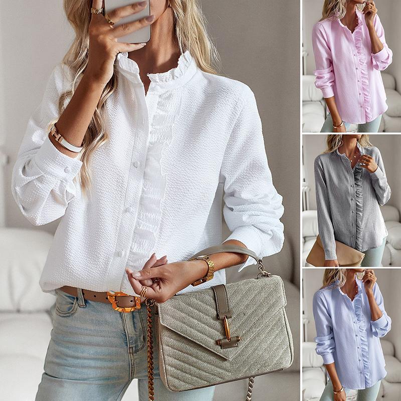 FiveFive Fashion Women Shirt Elegant Office Ruched Stand Collar Single Breasted Long Sleeve Top Causal Solid Comfort Simple Shirt Plus Size
