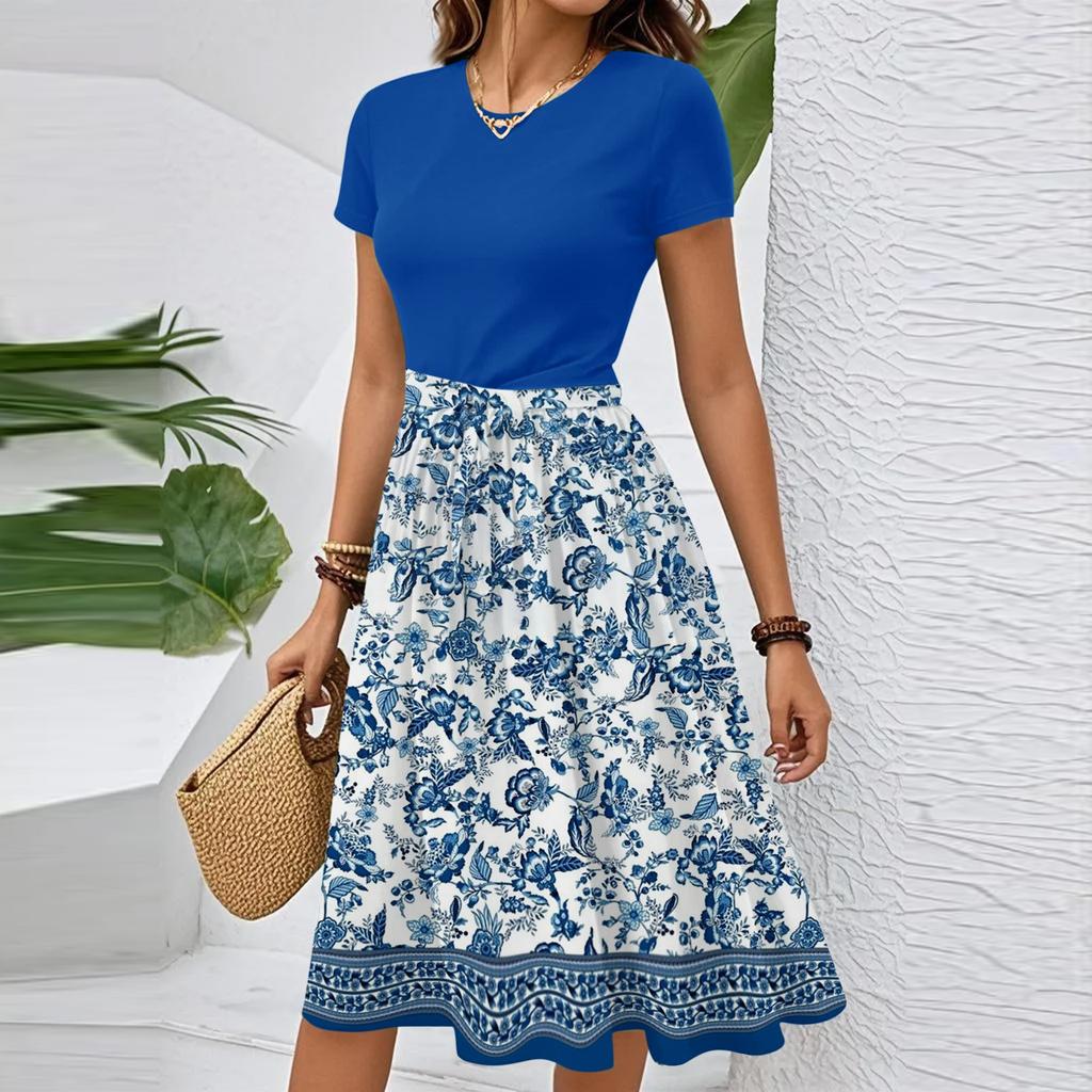 Women's Casual Fashion Belted Floral Print Short Sleeve Round Neck Elegant Dress